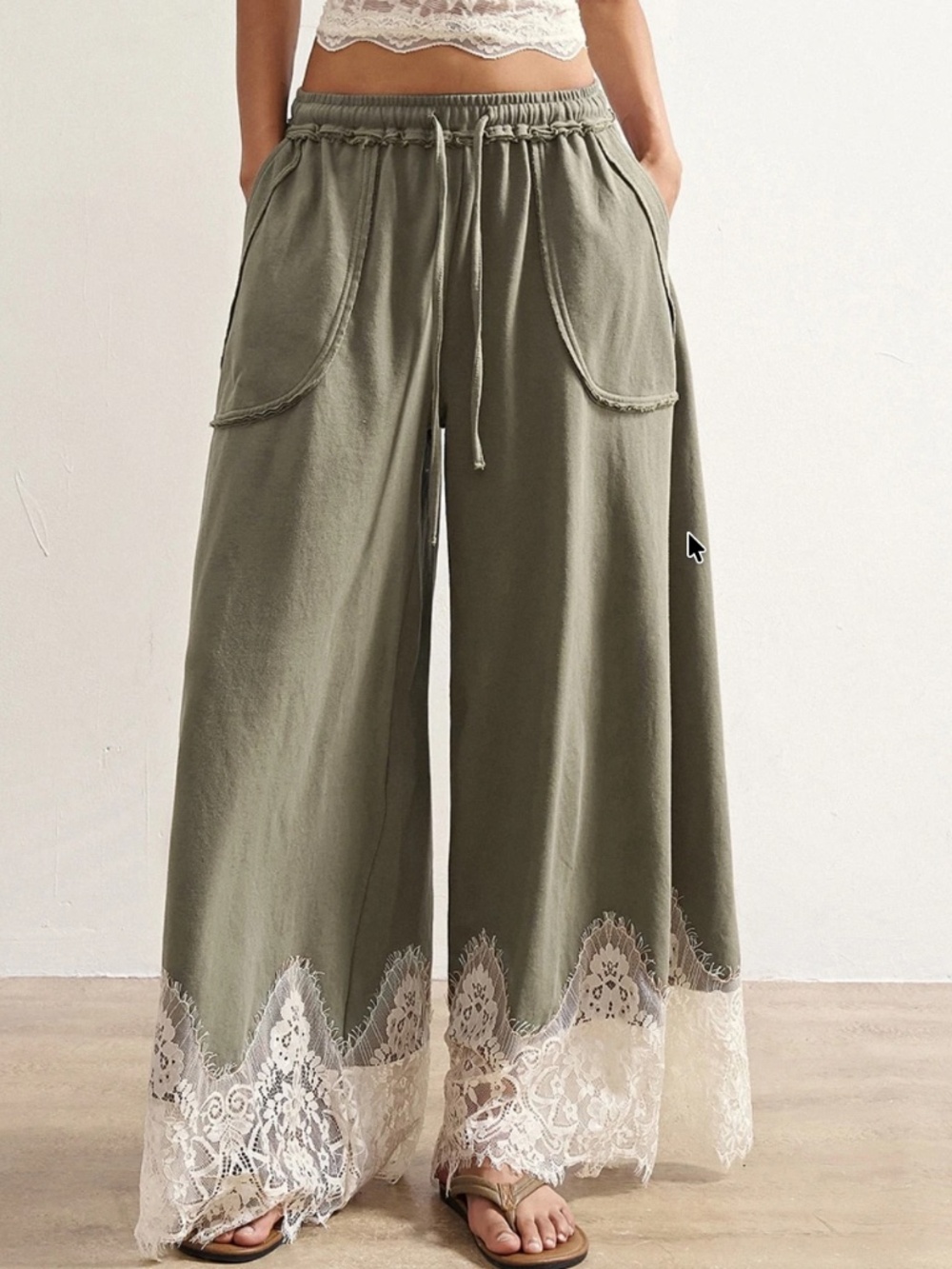 Cozy Army Green Stretchy Waist Wide leg Eyelash Lace hem Pants